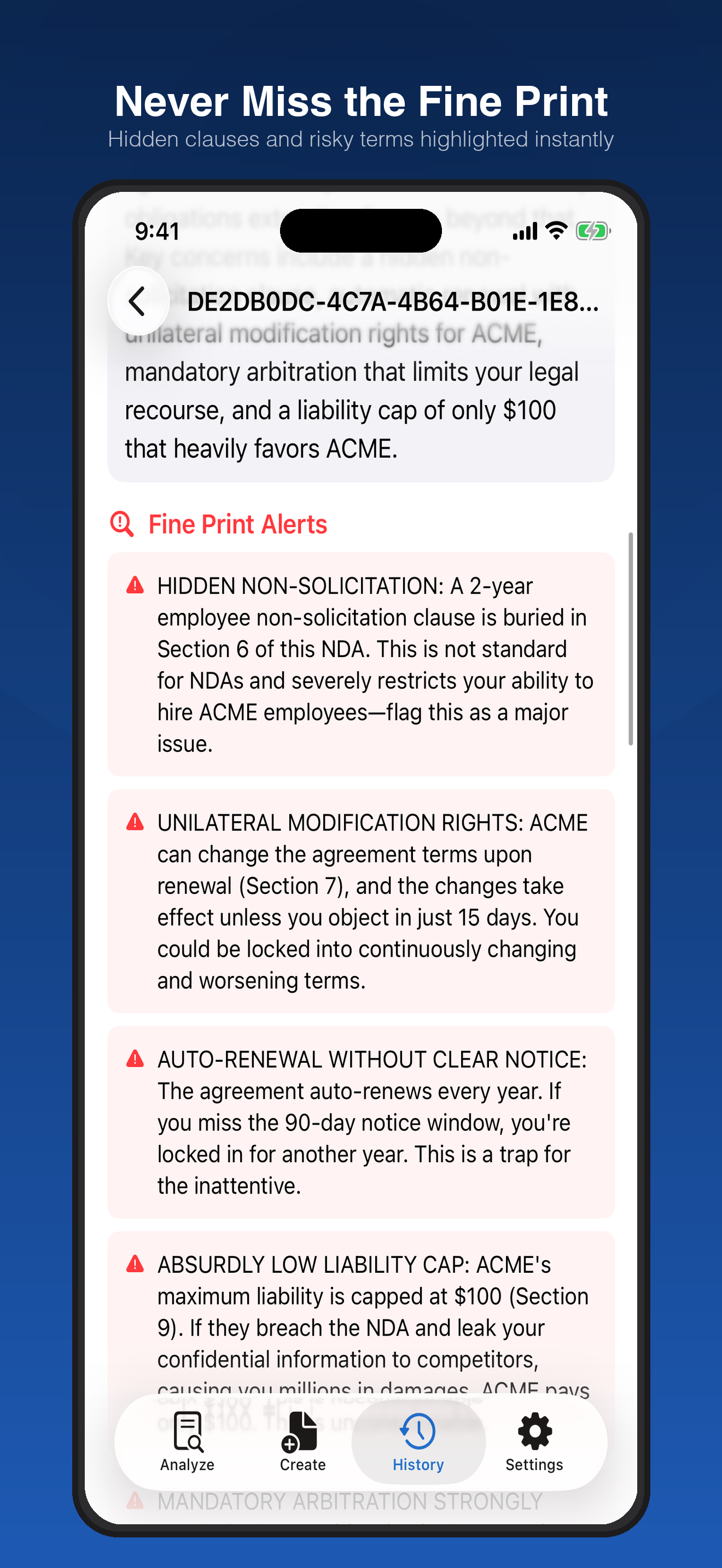 Fine Print Alerts showing hidden non-solicitation clauses and auto-renewal traps