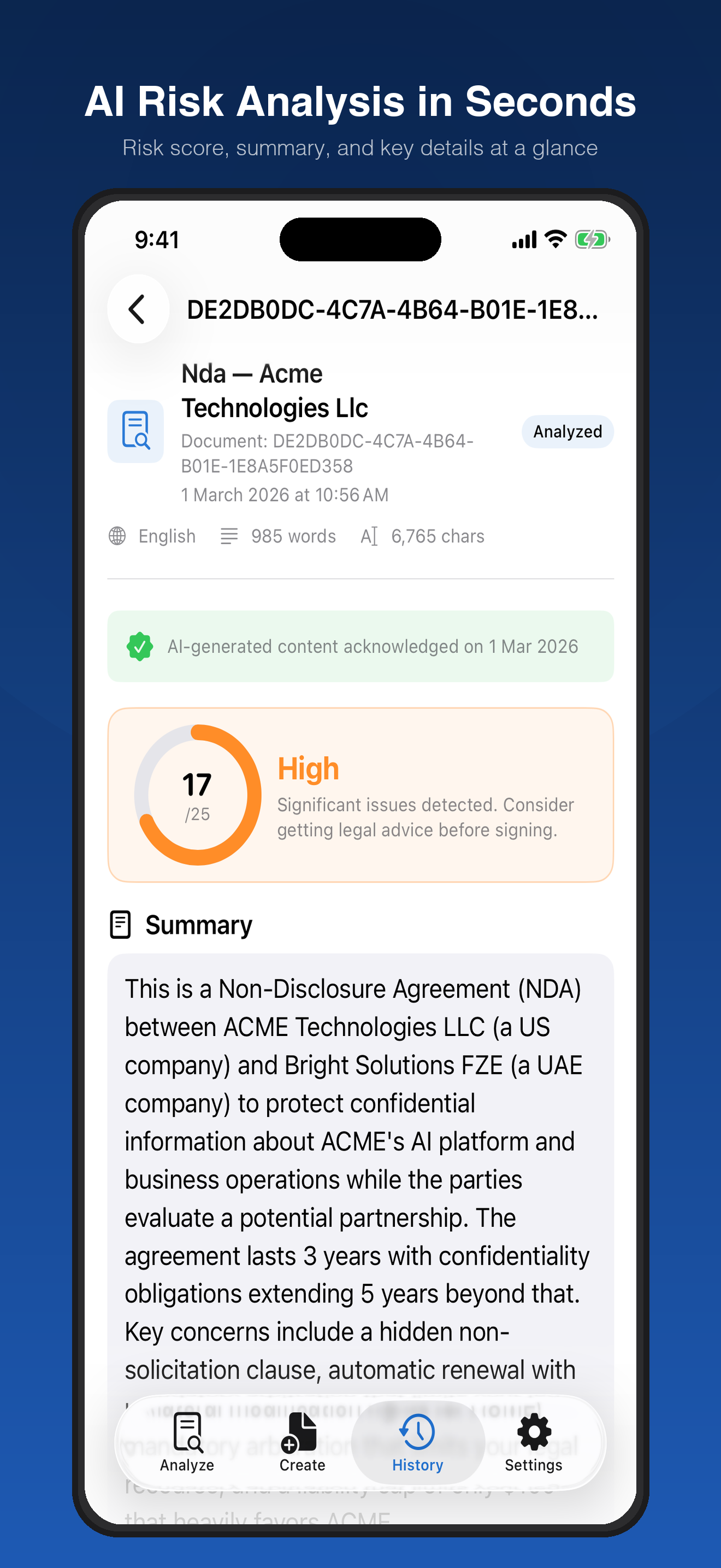 AI risk analysis showing a risk score of 17/25 with detailed summary