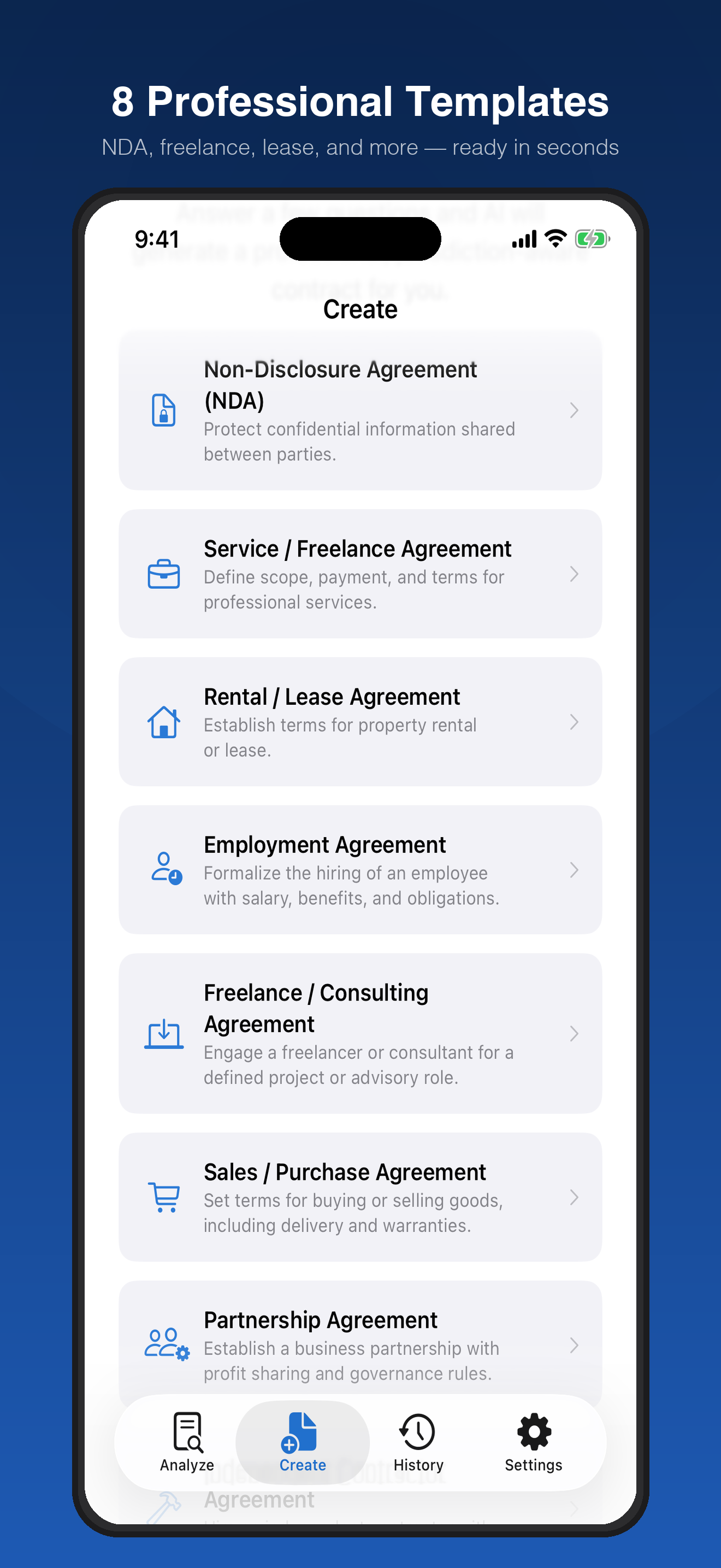 8 professional contract templates including NDA, Service, Rental, Employment, and more