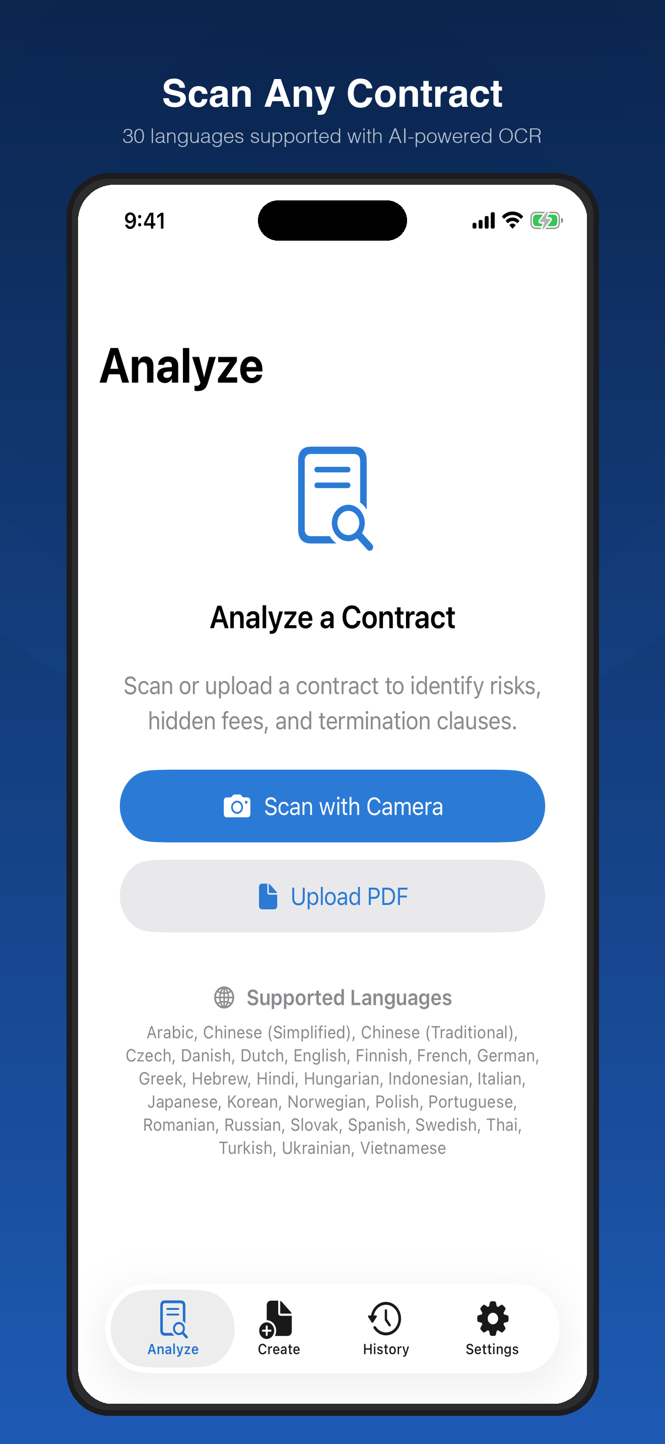 Counsely app showing the contract analysis screen with scan and upload options